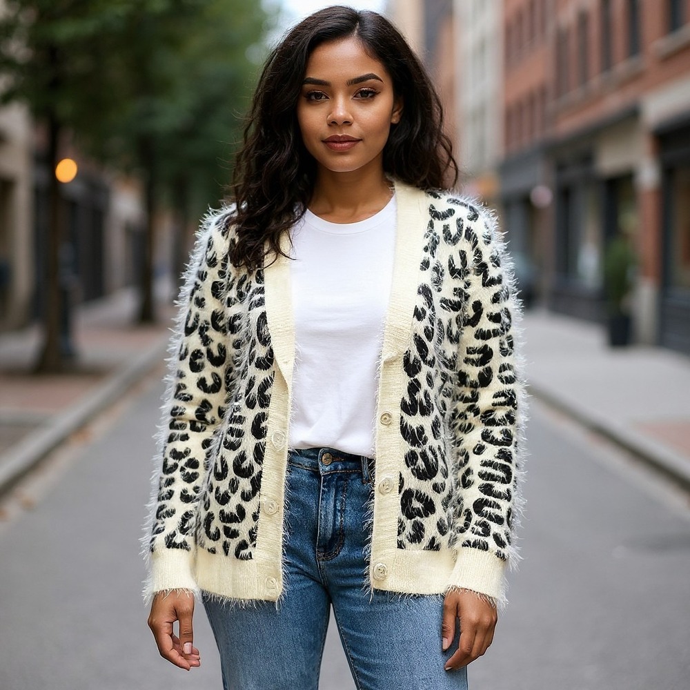 POL Eyelash Knit Cardigan Sweater Animal Print Beige Black Fuzzy Cheetah Leopard